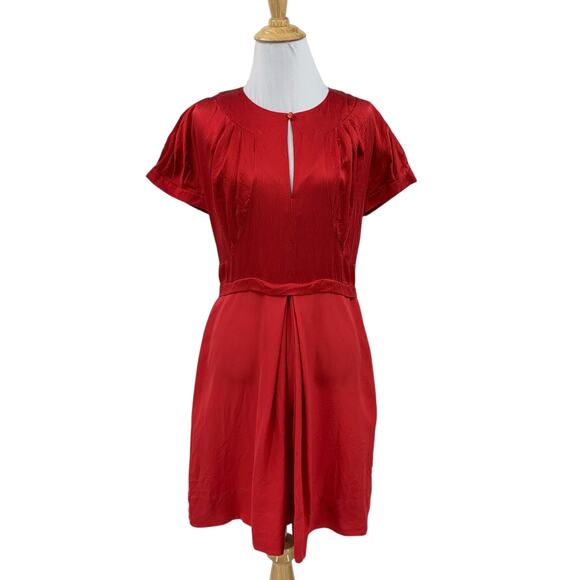 Marc by Marc Jacobs Dress Womens 6 Red Keyhole Silk Pleated Puff Sleeve Mini - Picture 1 of 15